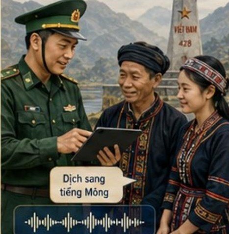 Cán bộ biên phòng giao tiếp với đồng bào bằng công cụ chuyển ngữ