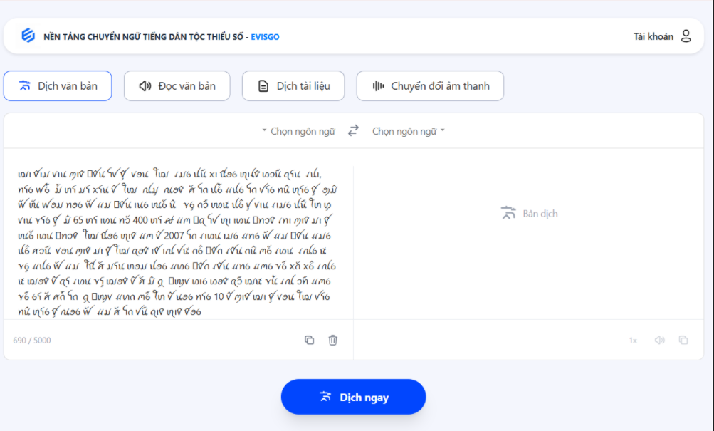Giao diện hệ thống chuyển ngữ EvisGO